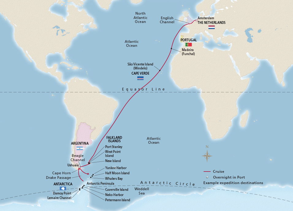 Map of the Atlantic Islands & Antarctica itinerary