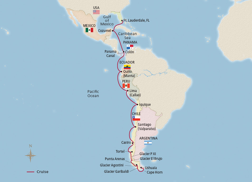 Map of the Panama Canal, Fjords & Patagonia itinerary
