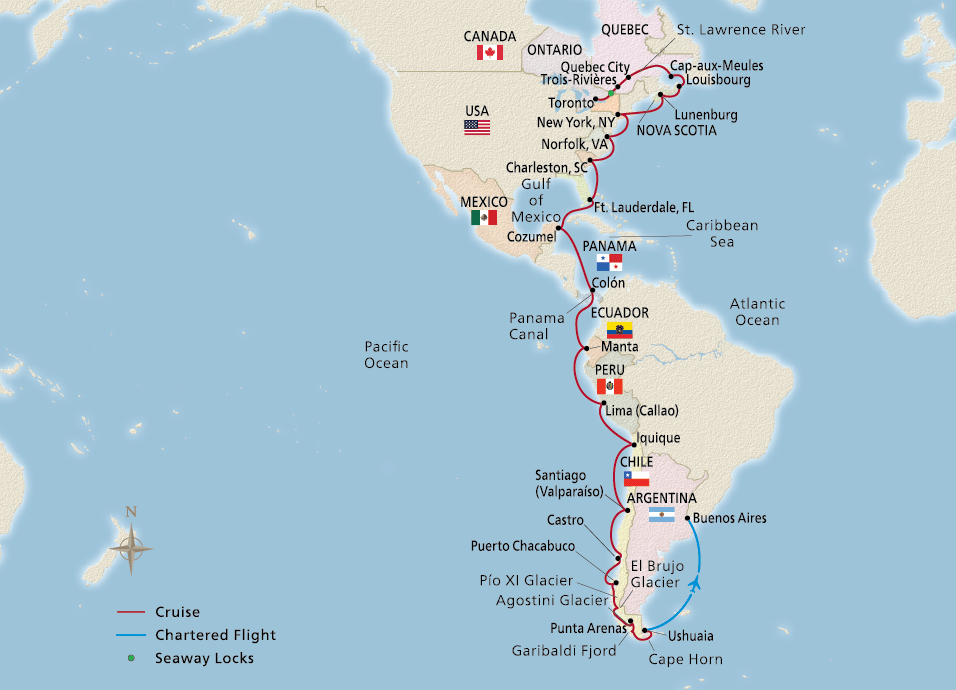Map of the Canada to Cape Horn Grand Explorer itinerary