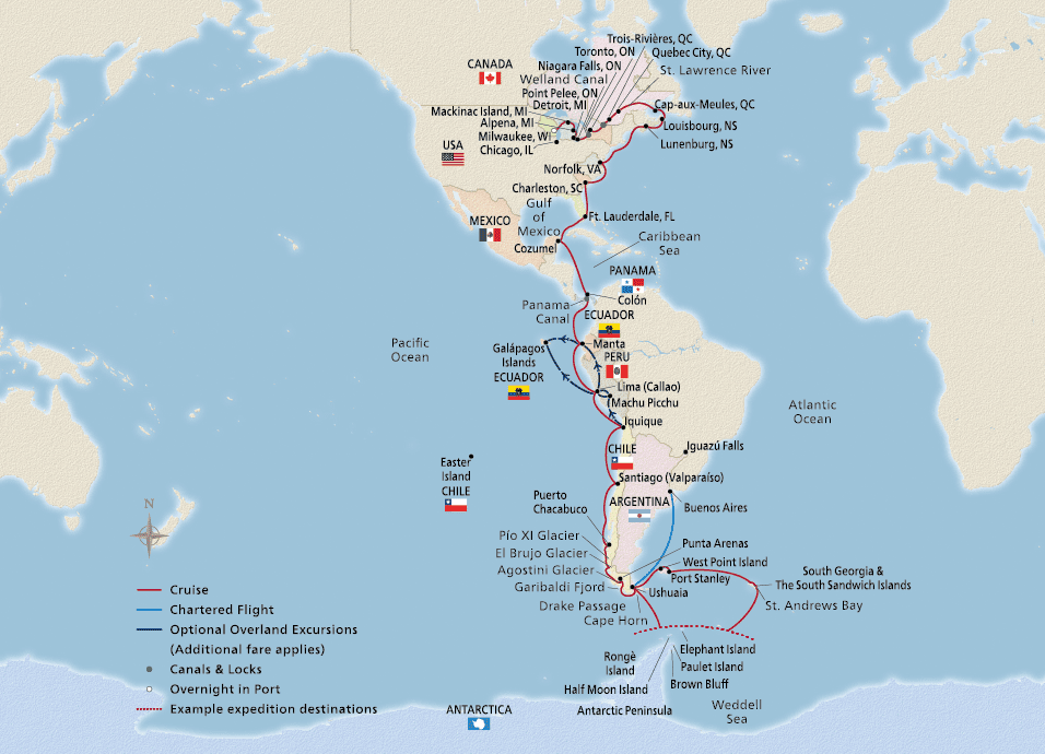 Map of the Longitudinal World Cruise V itinerary