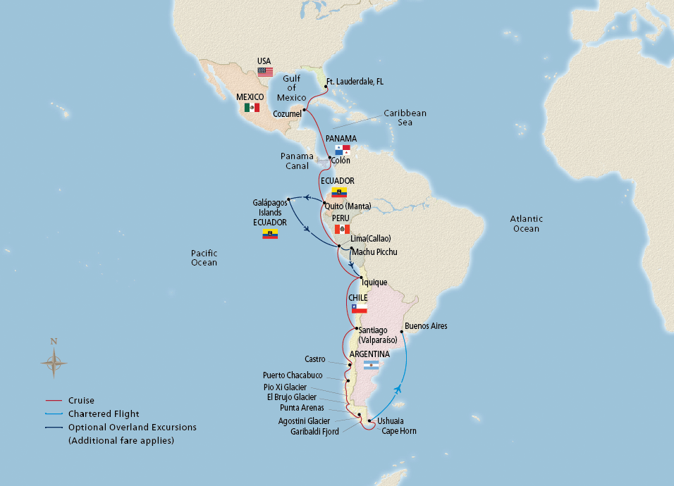 Map of the Panama Canal, Fjords & Patagonia itinerary