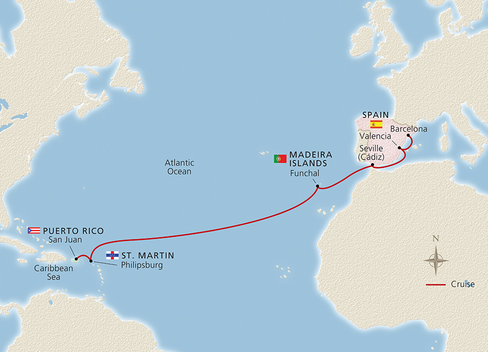 Map of West Indies to Spain itinerary