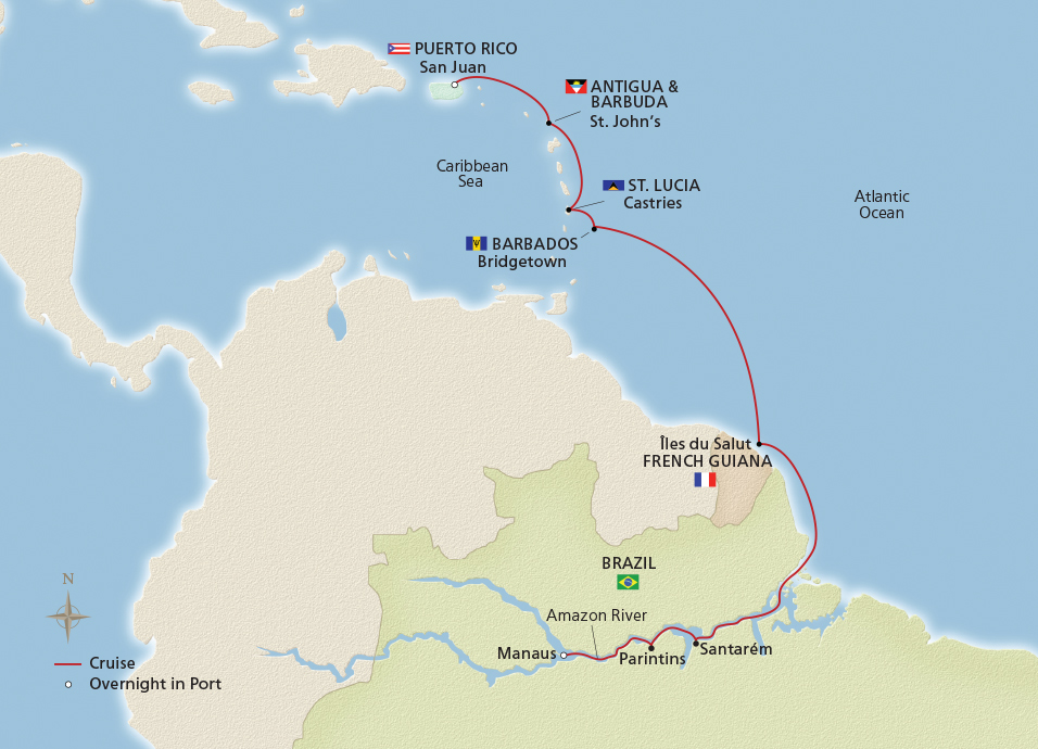 Map of Amazon & Caribbean Adventure itinerary
