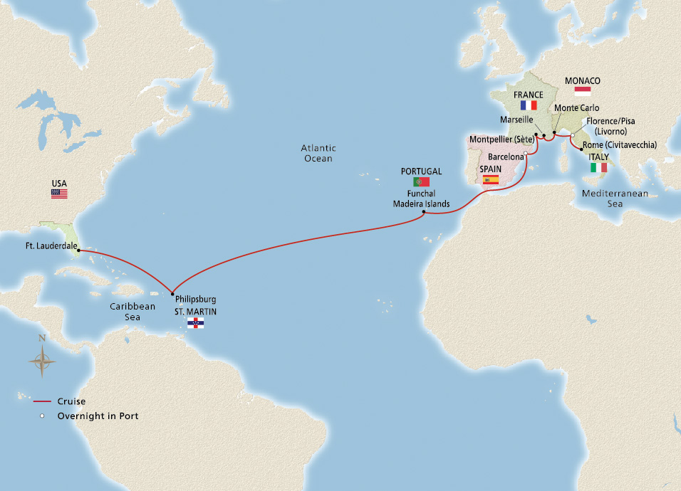 Map of NEW! Atlantic Crossing & Mediterranean itinerary
