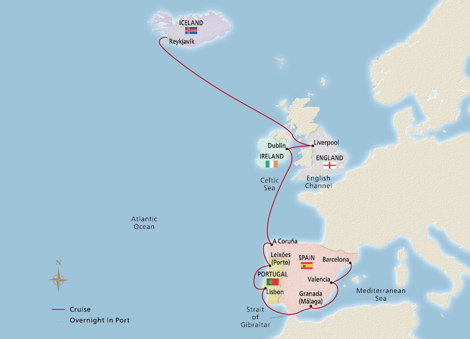 Map of Iceland, British Isles & Iberia itinerary
