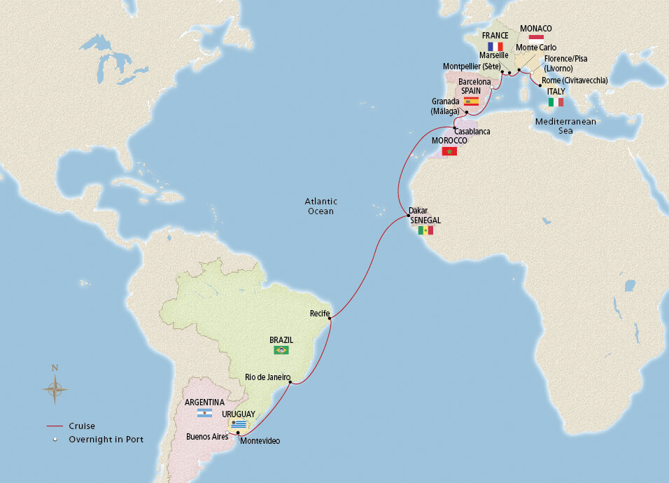 Map of the Mediterranean & South Atlantic itinerary