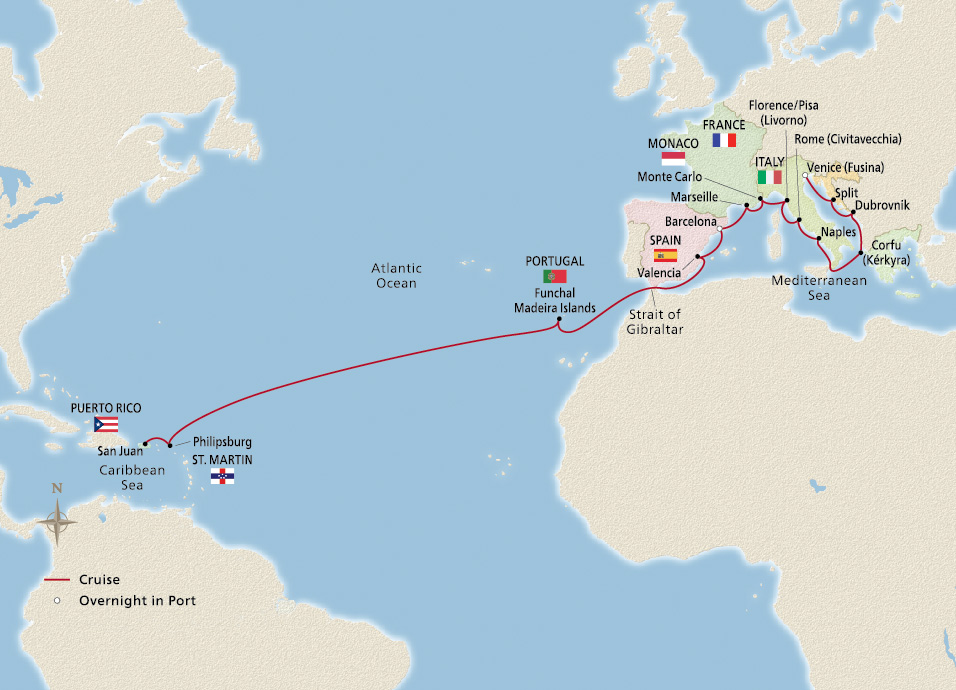 Map of NEW! West Indies & the Mediterranean itinerary