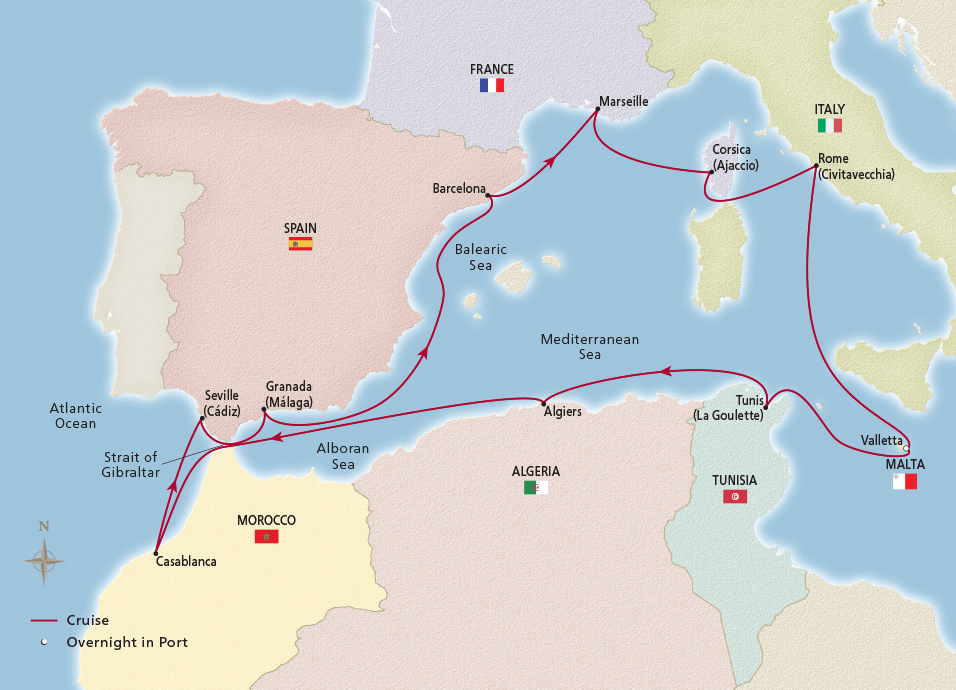 Map of the Malta, Morocco & the Mediterranean itinerary