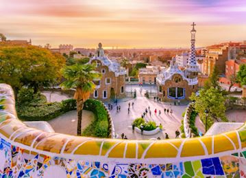 Guell Park at sunset in Barcelona, Spain